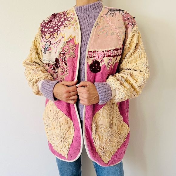 Vintage Patchwork Jacket coat cardigan crochet boho Embroidered oversized - Picture 4 of 11